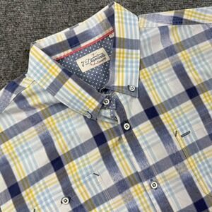 7 Diamonds Button Down Shirt Large Blue Yellow Plaid Star Trim Excellent Mens